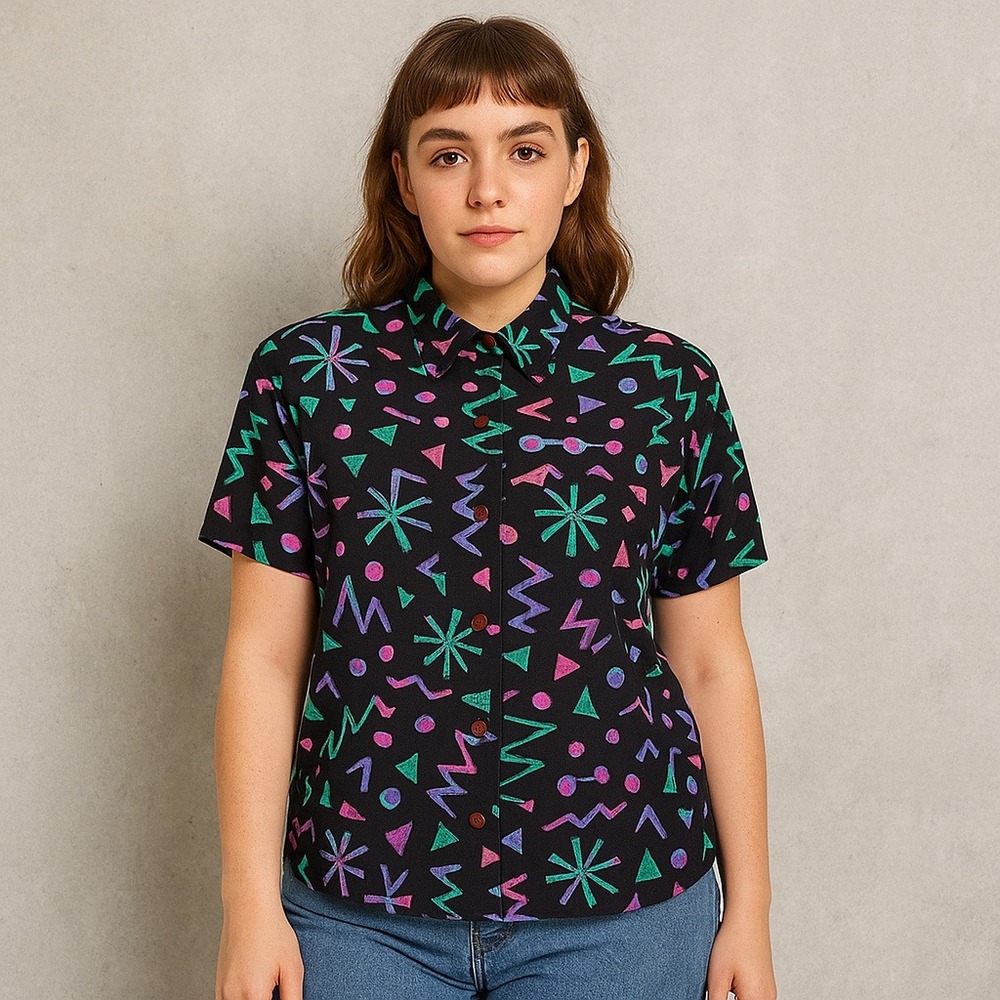 Vintage 80s Geometric Neon Print Button Up Shirt Sz‎ M Black Retro Party Top